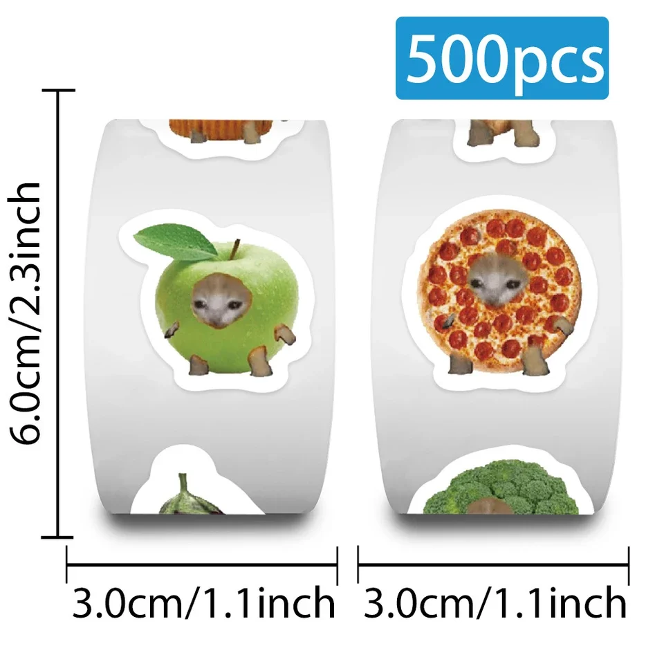 500-piece roll of playful cartoon-style meme and feline food-themed vinyl decals ideal for personalizing notebooks laptops water