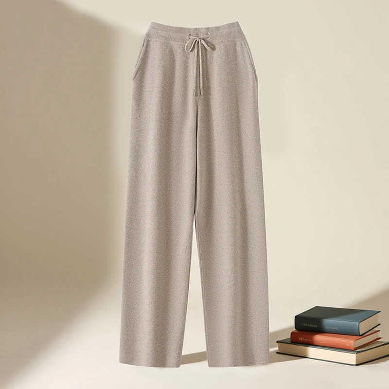 

2025 Autumn Winter New Men's 100% Merino Wool Straight-leg Pants Thick Soft Solid Cashmere Knit Trousers Business Casual Pants