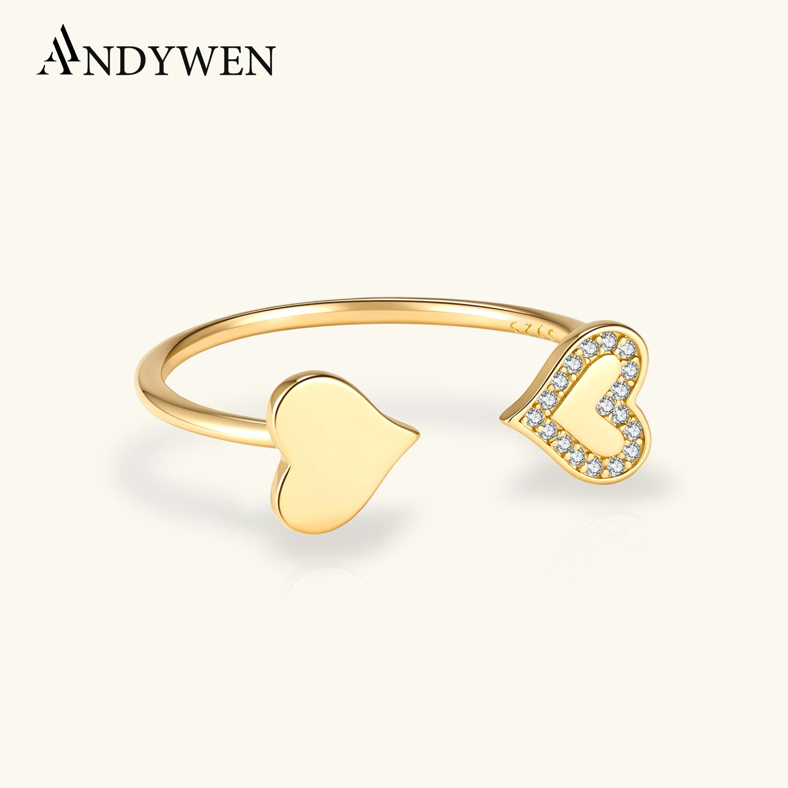 ANDYWEN 925 Sterling Silver Double Heart Open Adjustable Ring with CZ Zircon 2026 Wedding Love Finger Jewelry Gift for Women