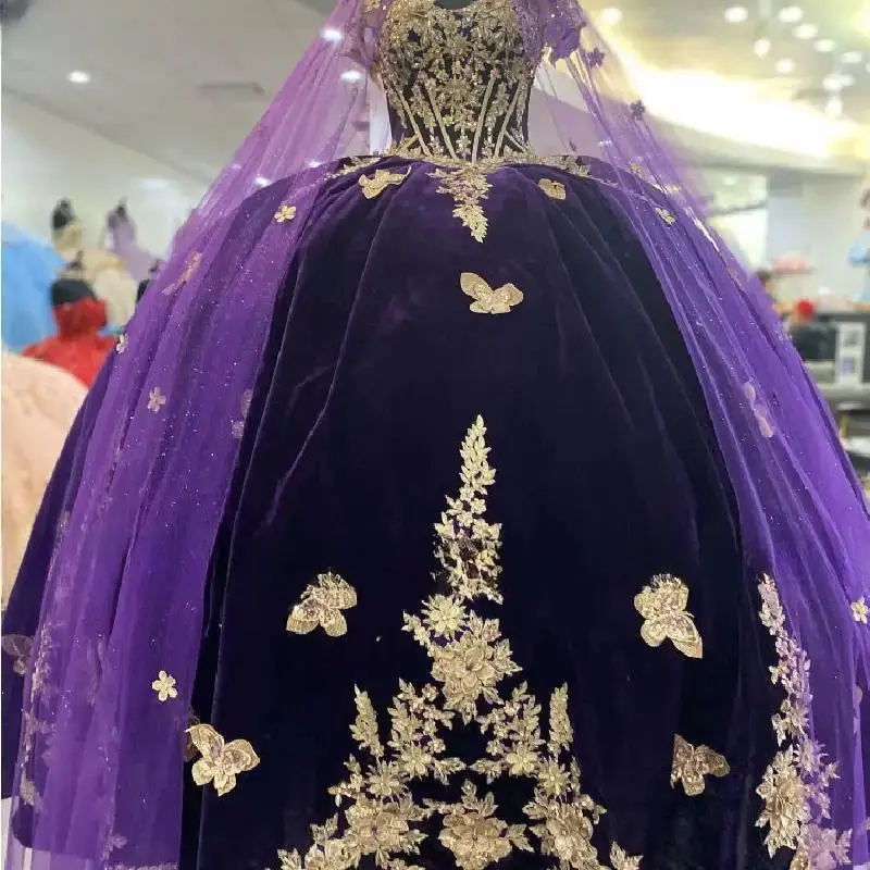 Vestidos de quinceañera morados únicos, vestido de baile 2025, capa para fiesta de graduación de cumpleaños, apliques de capas sin espalda, dulce personalizado