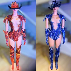 Red Blue Rhinestones Bodysuit Gloves Hat Women Sexy Perspective Pole Dance Outfit Stage Gogo Wear Drag Queen Costume XS7717