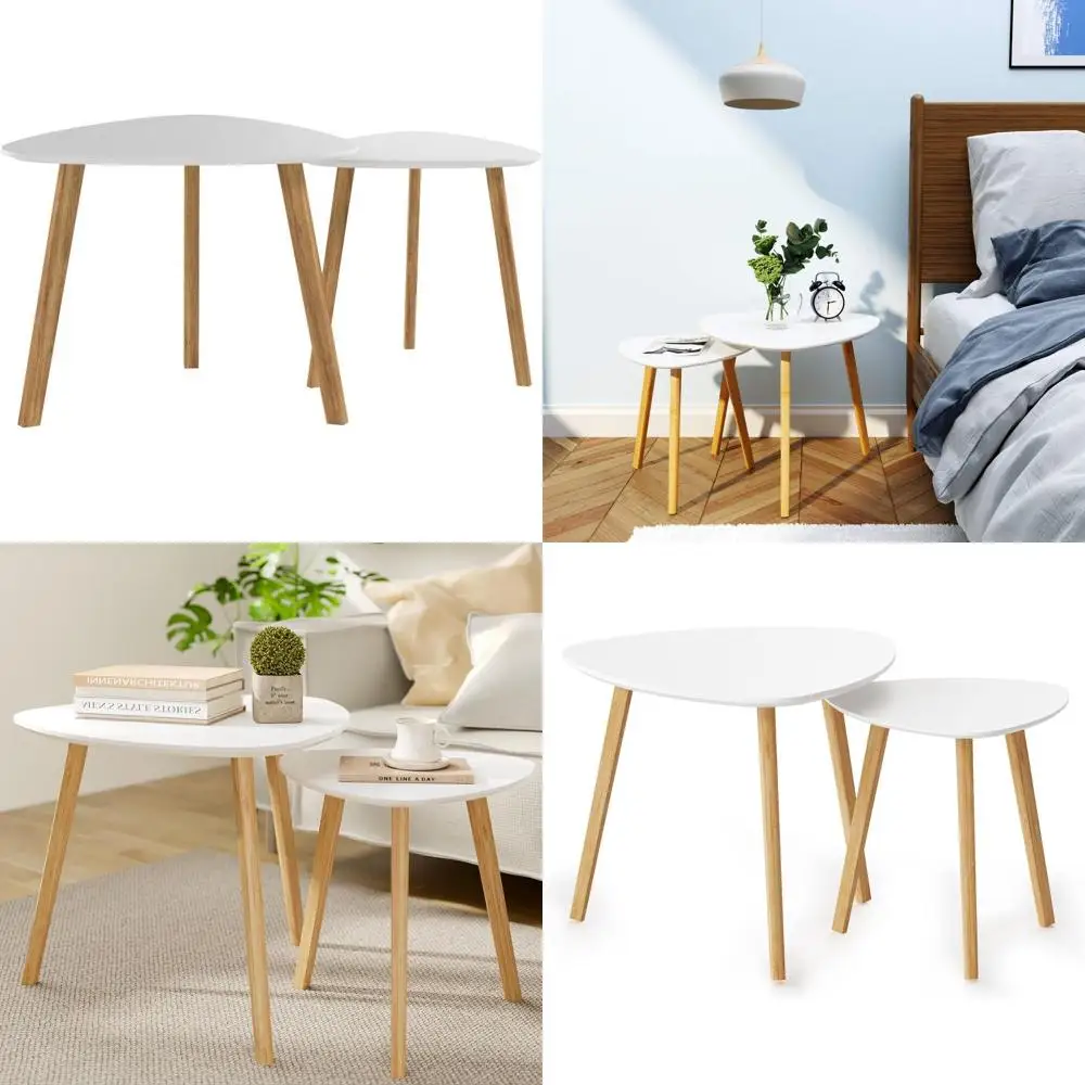 

White Modern Bamboo End Tables, Set of 2 Minimalist Side Tables for Living Room and Balcony