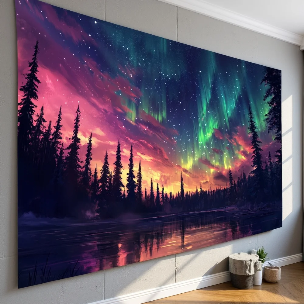 Wandteppich mit fluoreszierendem Aurora-Landschaftsdruck von VIKAMA, ideal für Schlafzimmer-Kopfteile, Wohnzimmer-Heimdekoration und Wandbehänge