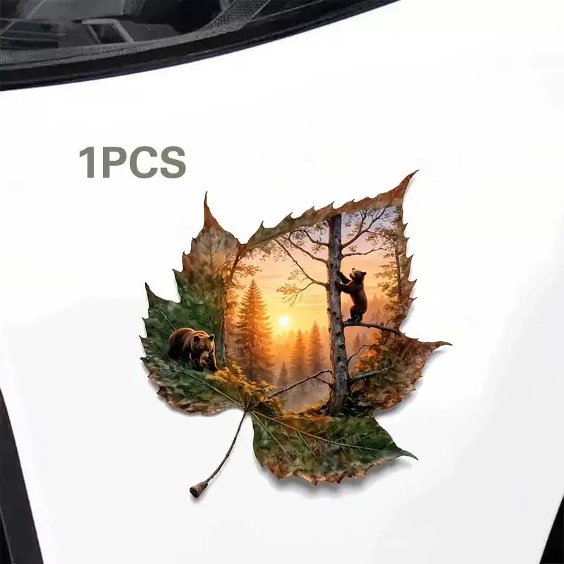 Brown Bear Maple Leaf Time Sticker Car Decoration Scratch Cover Wall Background Plant Decorative Decal Q84