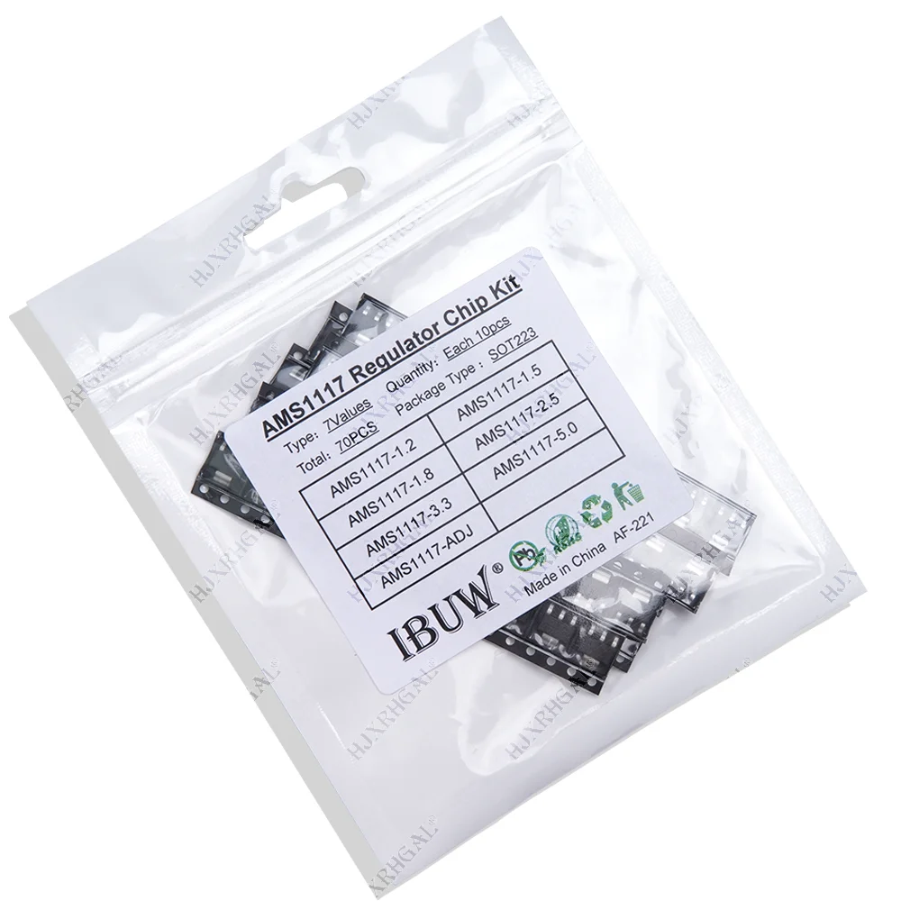 Jogo do regulador da tensão, 7 valores, AMS1117, 1.2V, 1.5V, 1.8V, 2.5V, 3.3V, 5.0V, ADJ, AMS1117-3.3V, AMS1117-3.3, AMS1117-5.0, 70Pcs