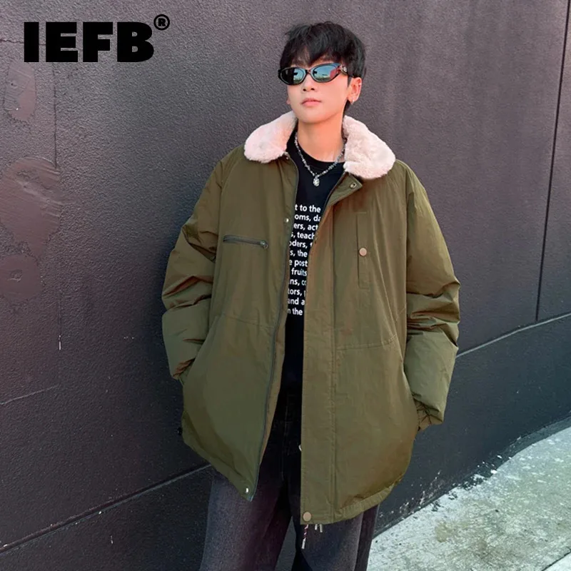 IEFB American Style Men's Padded Jackets Turn-down Collar Lamb Wool Zipper Patchwork Thickened Casual Male Coats Tide 9C9279