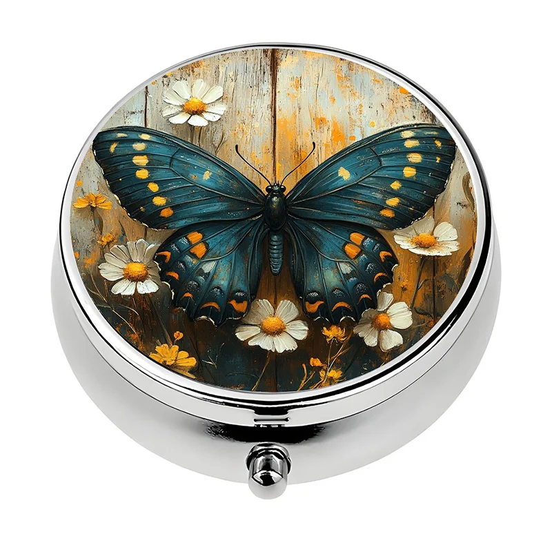 1 portable travel pill box with 3 compartments and butterfly-floral pattern: or a portable pill box for handbags: metal vitamin storage box: unique gift, compact pill box, suitable for travel and daily use