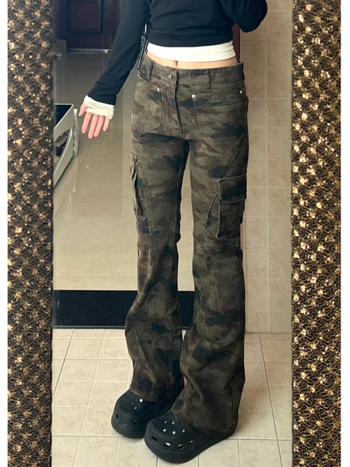 Men's Camouflage Work Trousers F383 Micro Flared Denim Jeans CleanFit Straight Leg American Retro Logging Pants Casual Wear