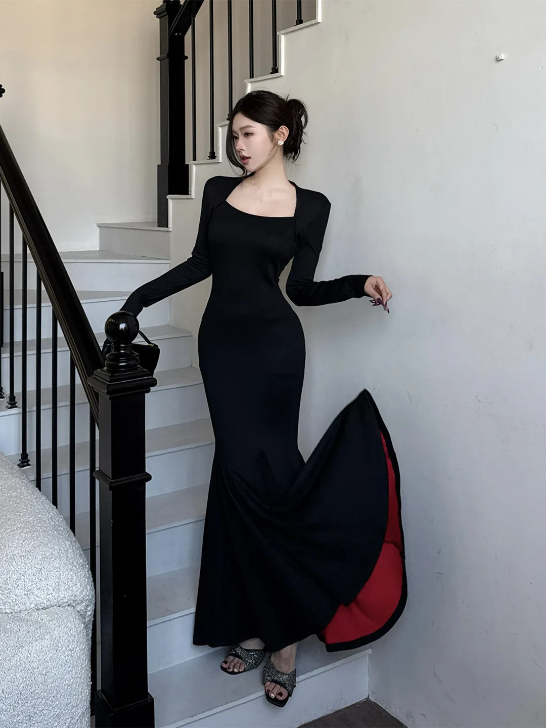 

Роскошное элегантное черное облегающее платье русалки, женское весеннее платье с квадратным вырезом и длинными рукавами для выпускного вечера, торжественное вечернее платье