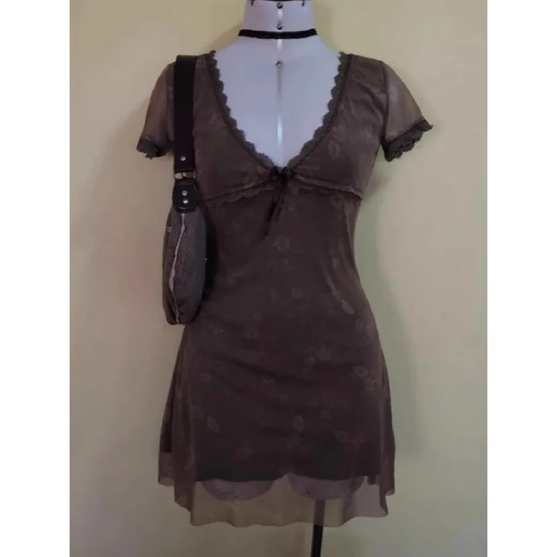 Vintage Floral Brown Dress Women's Summer 2024 Chic Sexy Elegant Fashion Ladies Casual Dress Beautiful Lace Mini Short Dresses