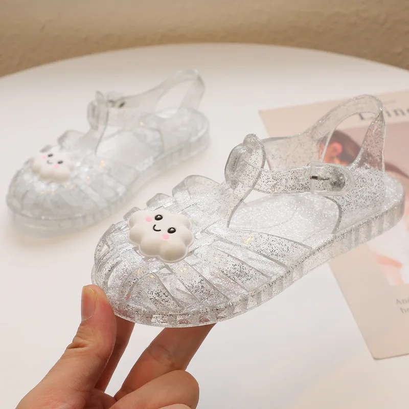 New Summer Girls Cartoon Smiling Face Glitter Jelly Princess Sandals Kids Crystal Hollow Beach Shoes Children Casual Garden Shoe