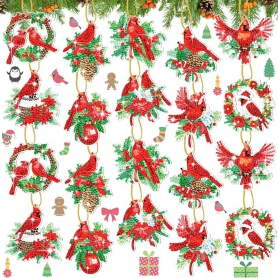 

20 Pcs Winter Diamond Art Ornaments Cardinal Bird Diamond Painting Kit for Adult 5d DIY Gifts Wrap Tags with Rope Winter Hangin