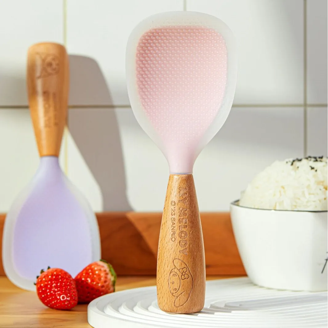 Kawaii My Melody Hello Kitty Kuromi Silicone Rice Spoon with Wooden Handle Anime Sanrio Girly Heart Cute Rice Cooker Rice Spoon