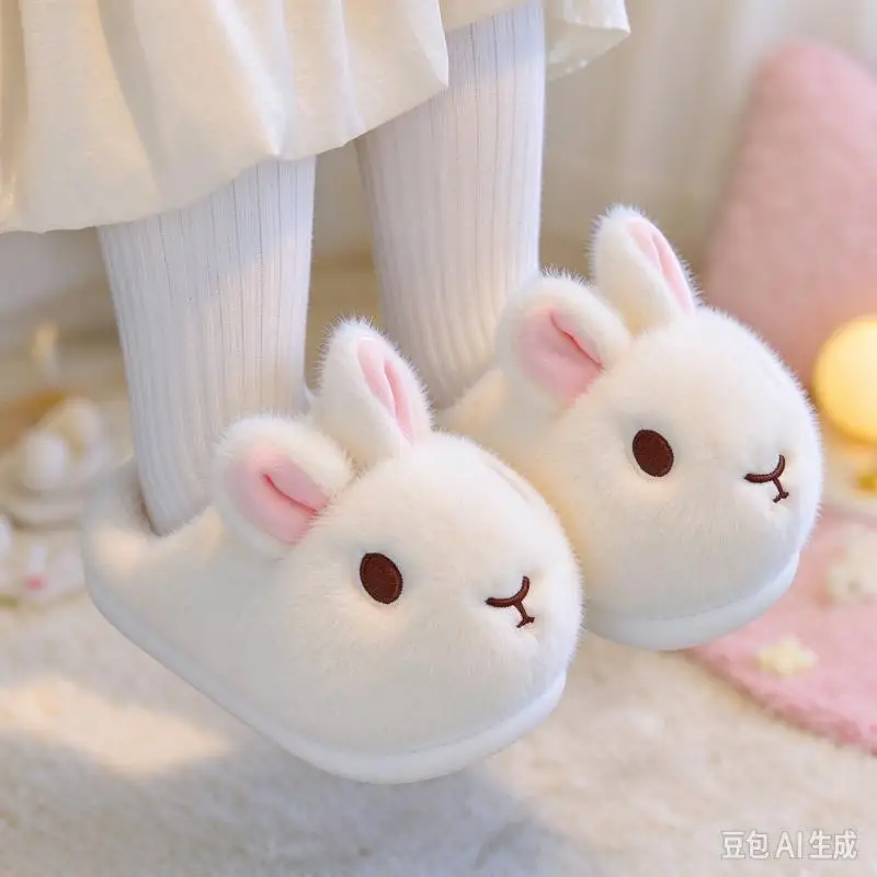 Lovely Rabbit Fluffy Fur Indoor Slippers Children Winter 2026 Warm Plush Non Slip Home Slippers Cute Furry Parent Child Shoes