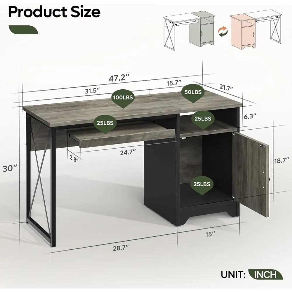 Office desk with keyboard tray, industrial computer desk with storage, reversible administrative desk with filing cabinet