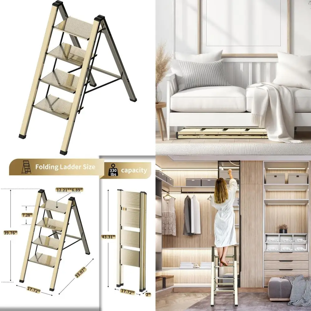 

Portable Folding Aluminum Step Ladder with Anti-Slip Treads for Indoor Use, Ideal for Kitchen and Closet Organization