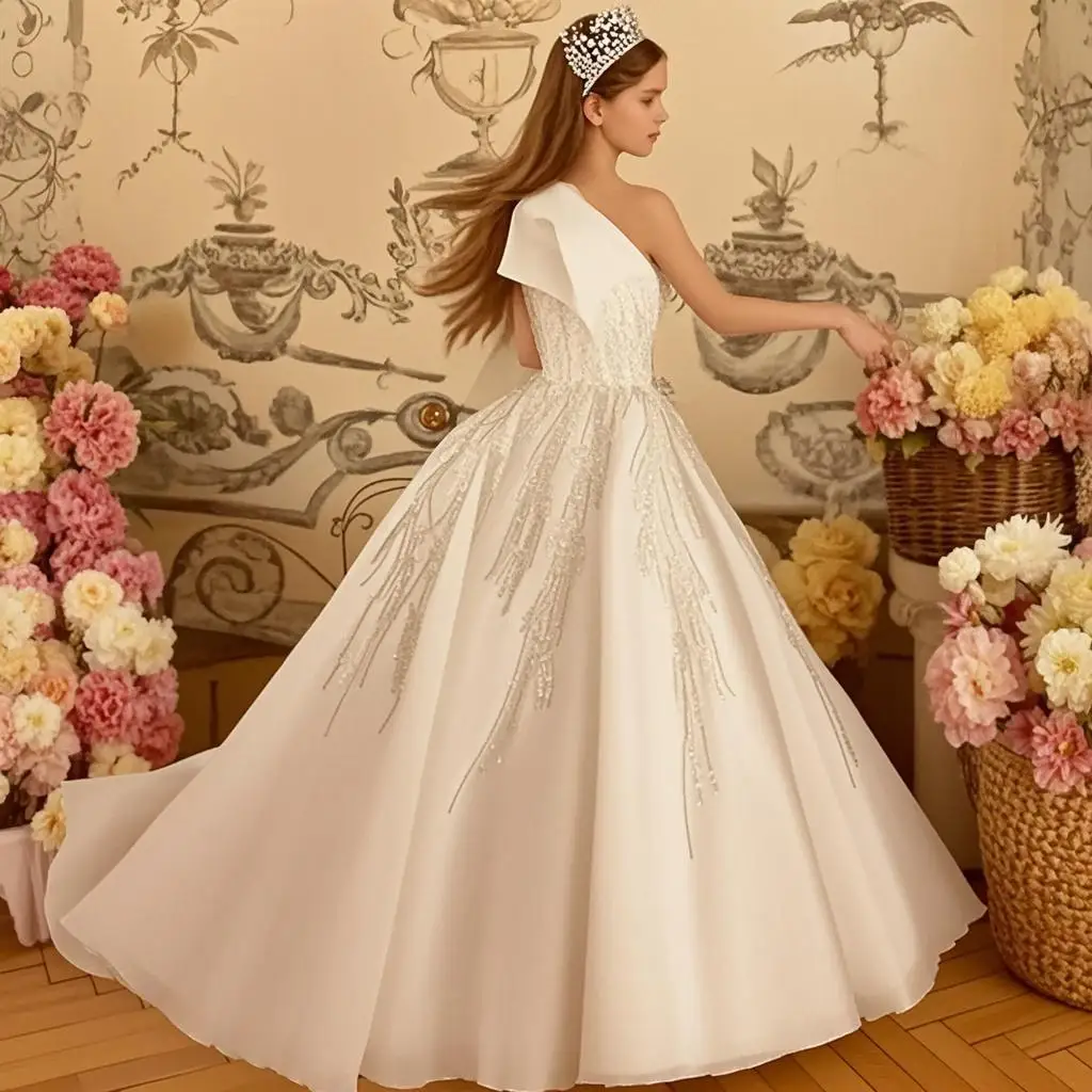 Custom Ivory Flower Girl Dress, Wedding Floral Accessories, Rhinestone Bridesmaid Dress, Princess First Communion Evening Dress