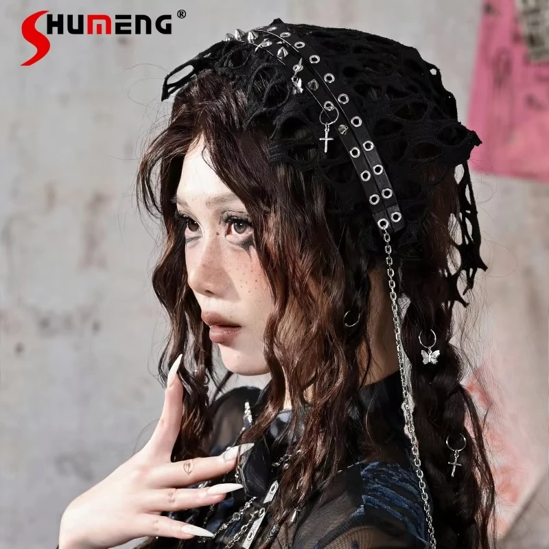 

Japanese Style Y2k Hot Girl Punk Style Rivet Chain Headscarf Headband Integrated Atmosphere Hairband Apparel Accessories Female