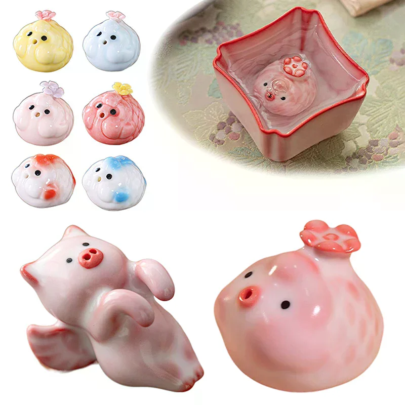 Ceramic Fish Statue Tea Pet Little Fish Spit Bubbles Under Cup Bottom Pink Bubble-Spitting Piggy Ornament Water Cups Decor Gift