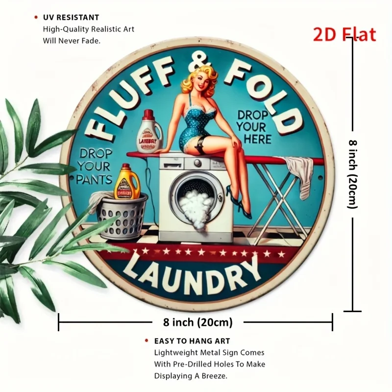 مسطح ثنائي الأبعاد، قطعة واحدة من ديكور الحائط المعدني لغرفة الغسيل العتيقة - آلة الغسيل الرجعية وتصميم المنظفات مع نص "إسقاط السراويل الخاصة بك هنا".