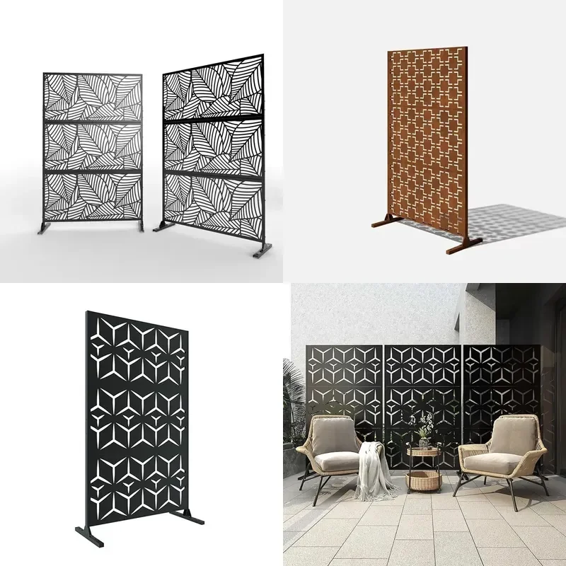 Cut Metal Privacy Screen Outdoor Partition Fence with Strap Stand for Backyard Garden Decor