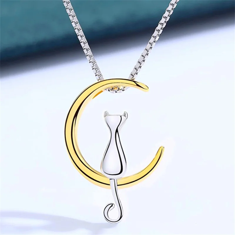 VENTFILLE 925 Sterling Silver Japanese and Korean Version of The Cat on The Moon Necklace Female Clavicle Chain Sen Simple Perso - Detail 1