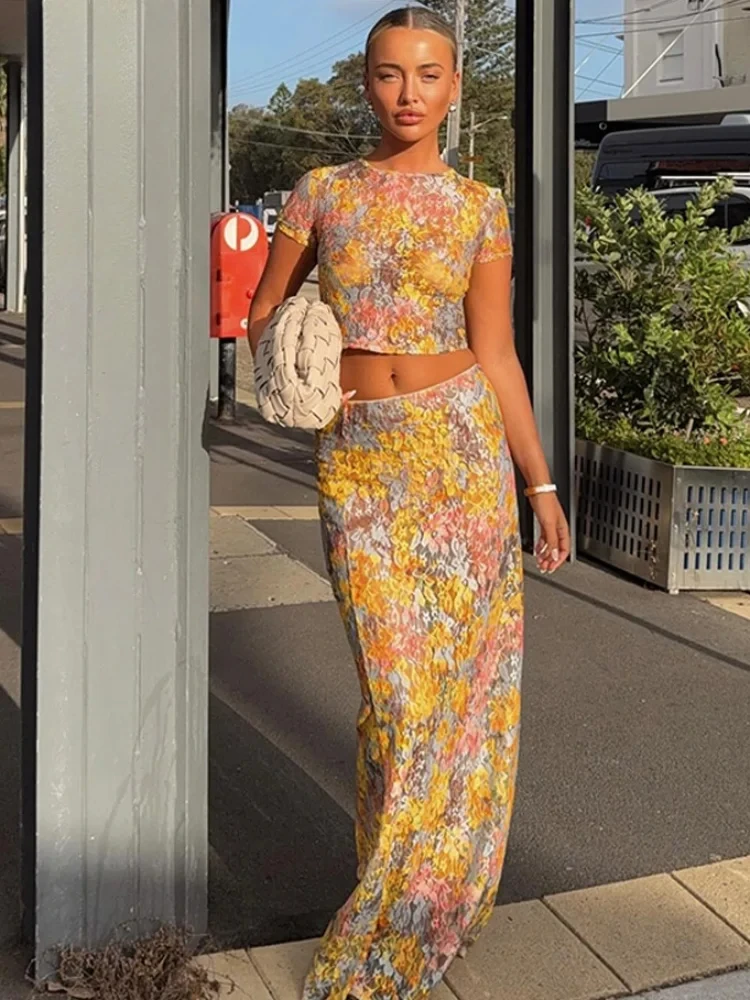 

Элегантный топ с круглым вырезом и короткими рукавами с принтом, комплект из 2 предметов, шикарный облегающий костюм с высокой талией и длинной юбкой, новый женский пляжный праздничный наряд