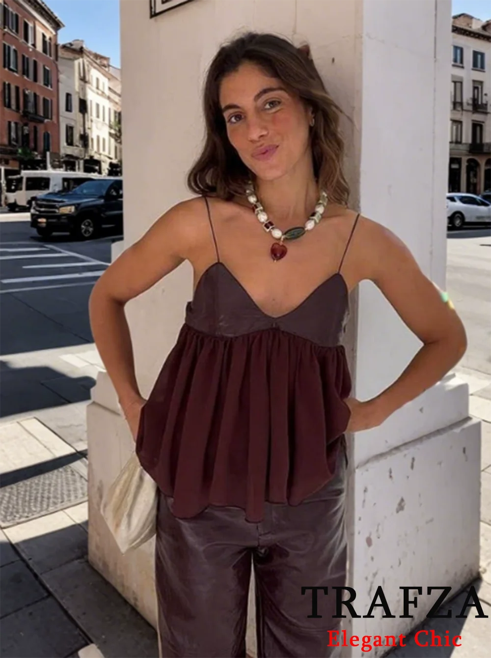 

TRAFZA Women Sexy Skirt Hem Top Suspender Pleated Top New 2025 Spring/Summer Beach Party Backless Lively Cute Top Wine Red Tops