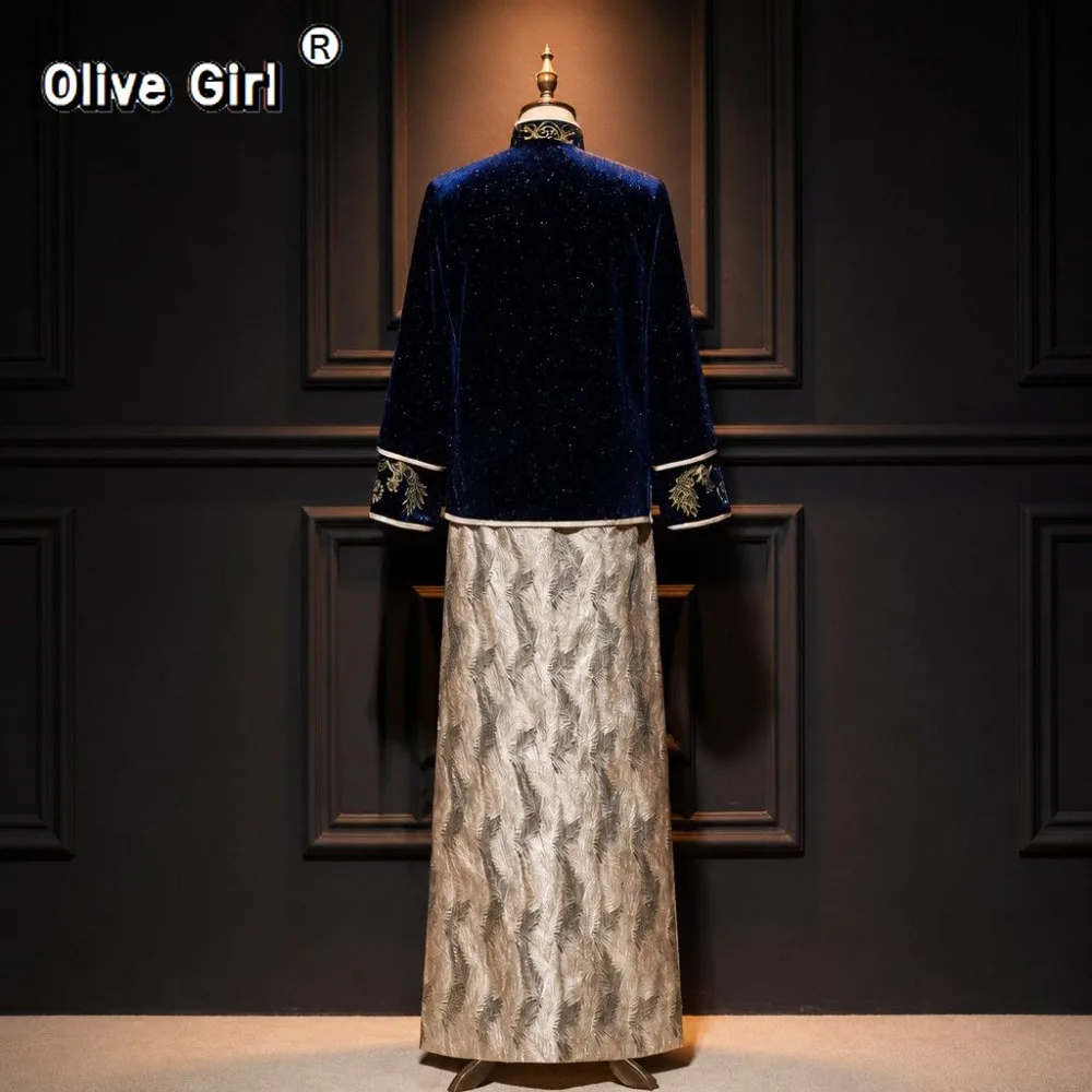 Olivegirl Men Groom's Set 2026 Embroidered Golden Dragon High End Blue Chinese Style Wedding Dress Chinese Male Banquet