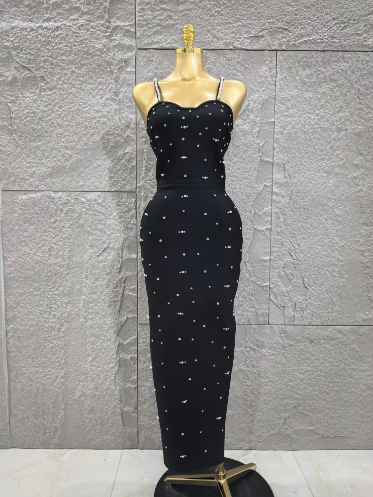 Robe longue à bandes pour femmes, couleur noire, sans manches, bretelles Sexy, col carré, moulante, élégante, tenue de soirée, de célébration d'anniversaire
