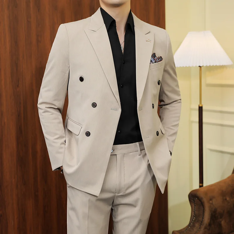 High-end double-breasted suit (suit + trousers) S-7XL Korean slim fashion handsome business solid color suit two-piece set