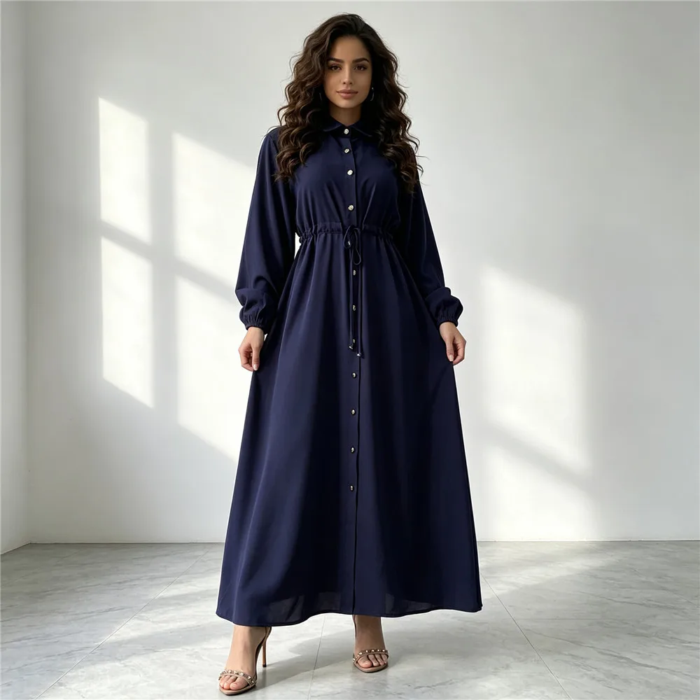 Shirt Collar Abaya Dress Long Sleeve Drawstring Waist Button Maxi Dress Dubai Modest Islamic Muslim Kaftan Dress Solid Colors