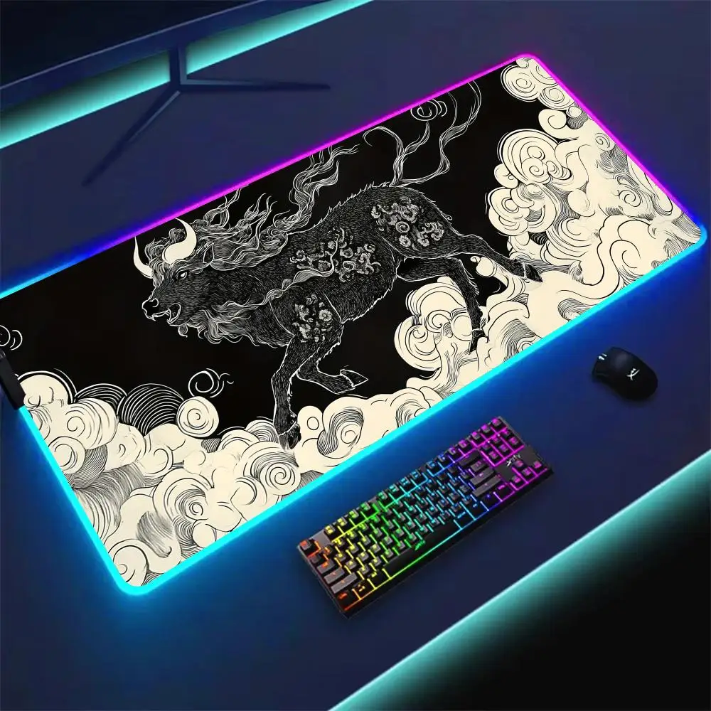 

RGB Mouse pad Ukiyo-e Divine beast Ox theme gaming mat rubber anti-slip Desk Mat LED glow Gaming keypad mousepad pc accessories