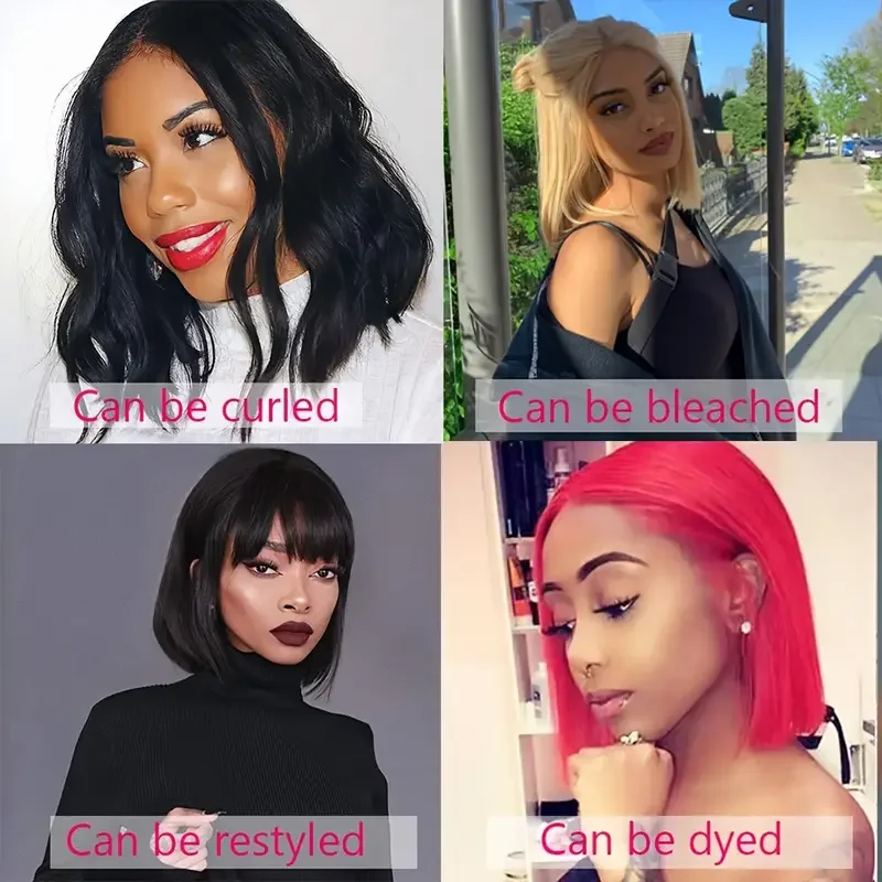 باروكات أمامية قصيرة حريرية مستقيمة من الدانتيل شعر بشري-تم قطعه مسبقًا مع شعر أطفال 200 كثافة 13x4 HD باروكات أمامية من الدانتيل الشفاف