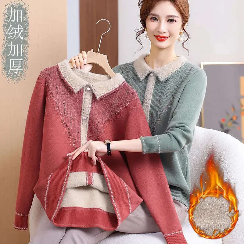 

Warm Western Style Top Middle Aged and Elderly Collar Bottom New Mom's Thick Velvet Sweater with One Piece Velvet