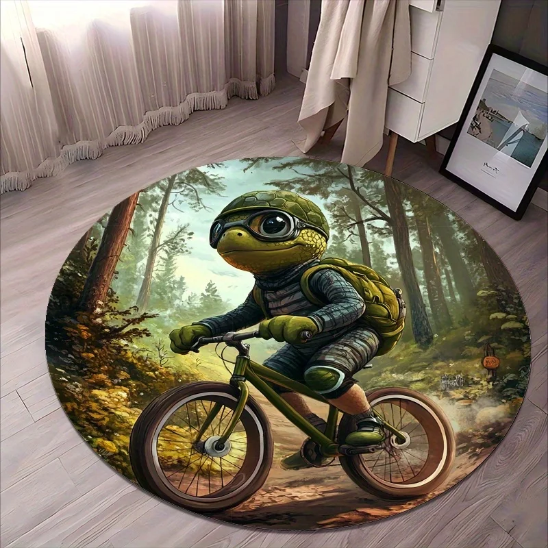 Interesting Turtle Bicycle Flannel-printed round floor mats are slip-resistant Suitable for room bedroom terrace garden carpets