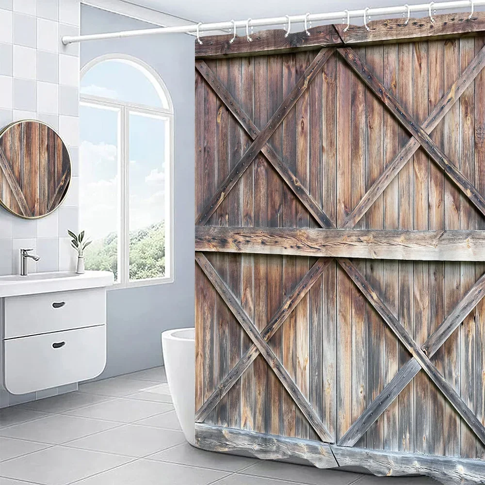 Retro Rustic Old Vintage Wood Doors Shower Curtain Set Country Rustic Barn Doors Farm Decor Fabric Bathroom Curtain Bath Screens