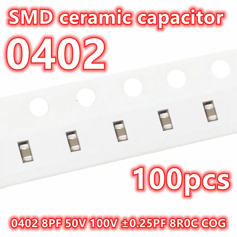 SMDセラミックコンデンサオリジナル高品質0402、8pf、50v、100v、 ± 0.25pf、8r0c、cog、ic 1005、100個