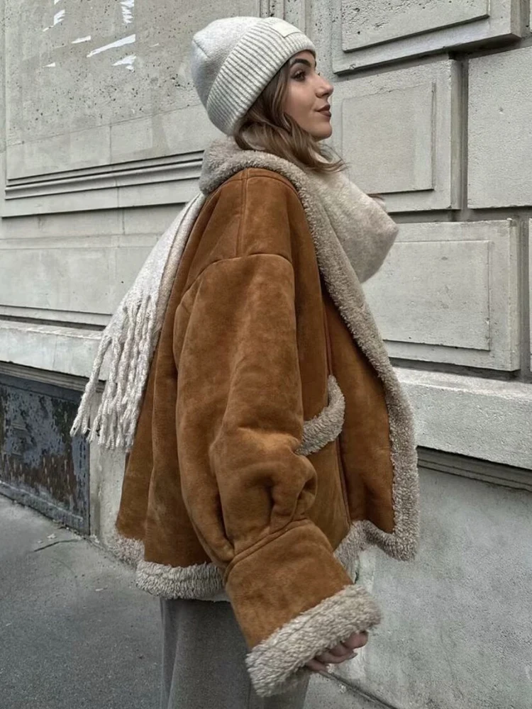 HH 2025 chaqueta de retales de lana de cordero a la moda para mujer, ropa de calle holgada Vintage con cuello vuelto para mujer, abrigo grueso para mujer