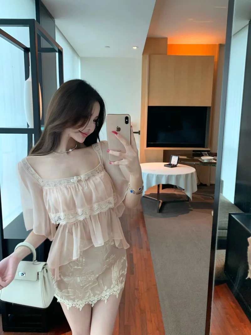 

Elegant Heavy Stitching Splice Square Collar Chiffon Top Women's Spring Sexy Bodycon Skirt Half Skirt Two Piece Set