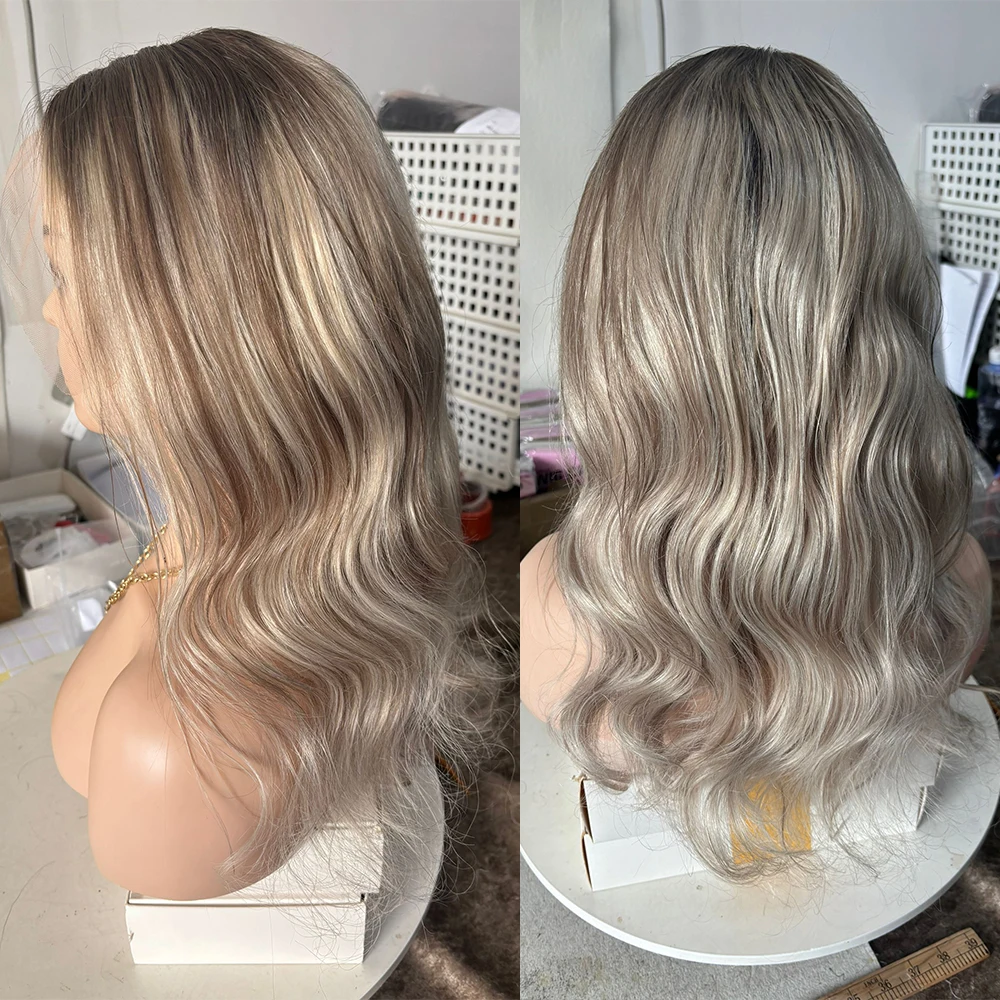 الرماد شقراء يسلط الضوء على الكتف شعر مستعار متموج 18 بوصة 150% 13x4 الدانتيل الجبهة خصلات الشعر المستعار الإنسان سوبر التخليص جاهزة للشحن قطعة واحدة فقط #4