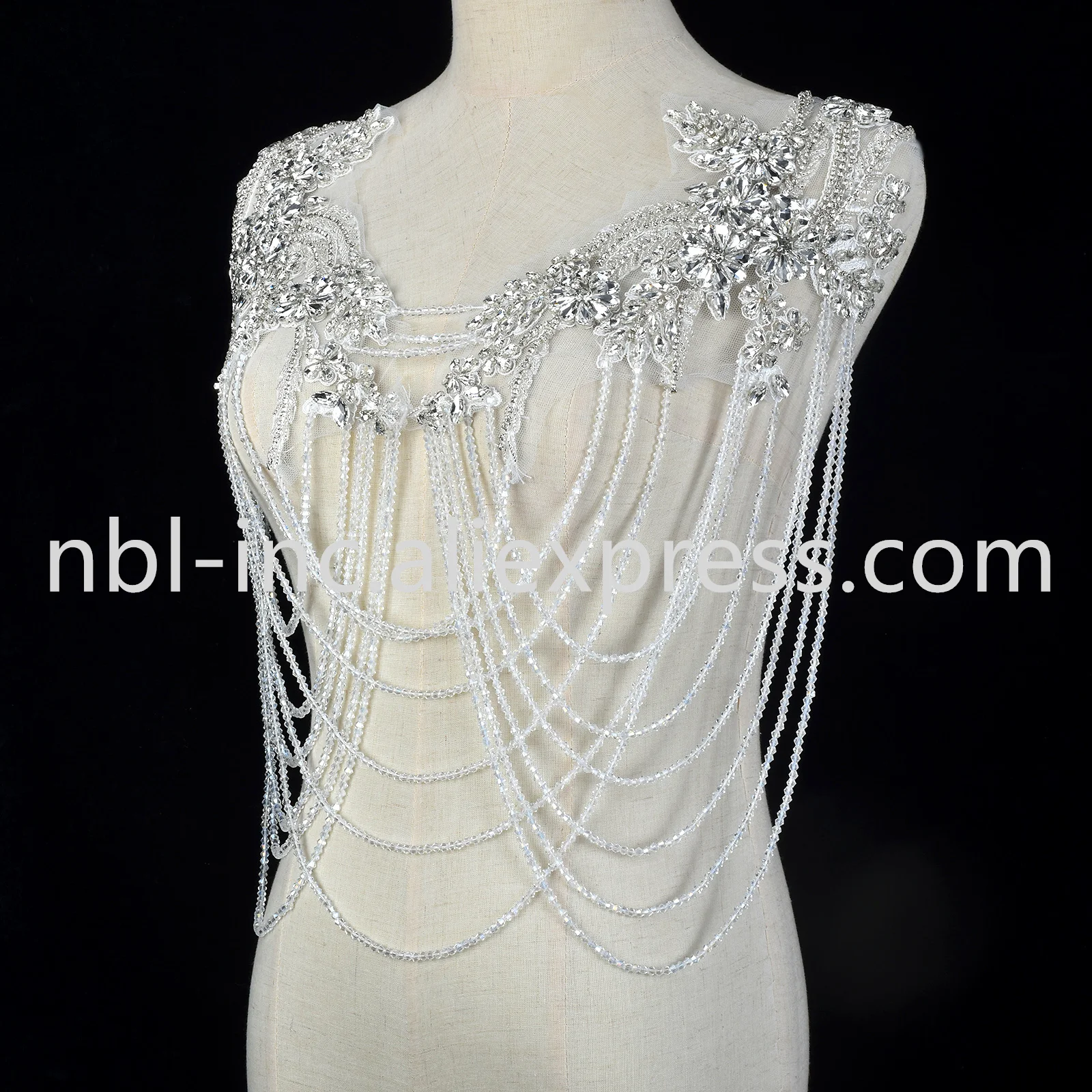 Imagem -02 - Applique Rhinestone Shoulder Collar com Borla Prata Costurada à Mão Acessório do Vestido Wdd1382 1pc