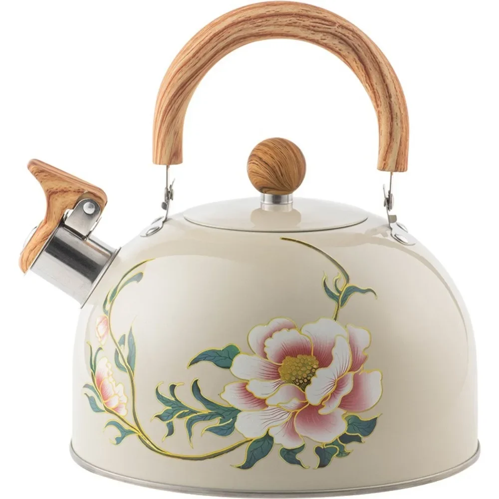 New 3L Whistling Kettle Teapot Stainless Steel Floral Enameled Tea Jug Thickened Large Capacity Teapot Water Kettle