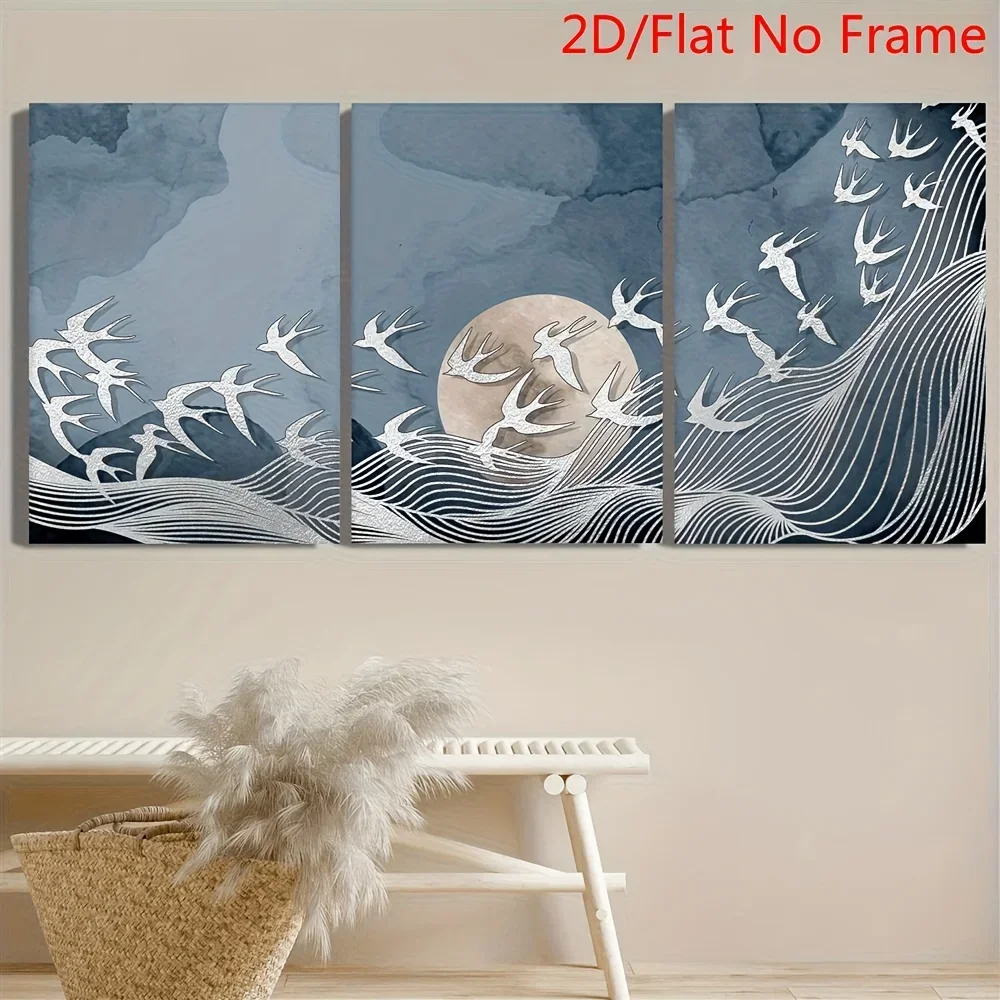 Frameless 3pcs Canvas Painting (No frame)2D Flat, 2D Flat, 3pcs Blue Marble Swirling Swallow Art, Easy Line Bird Animal Silhouet