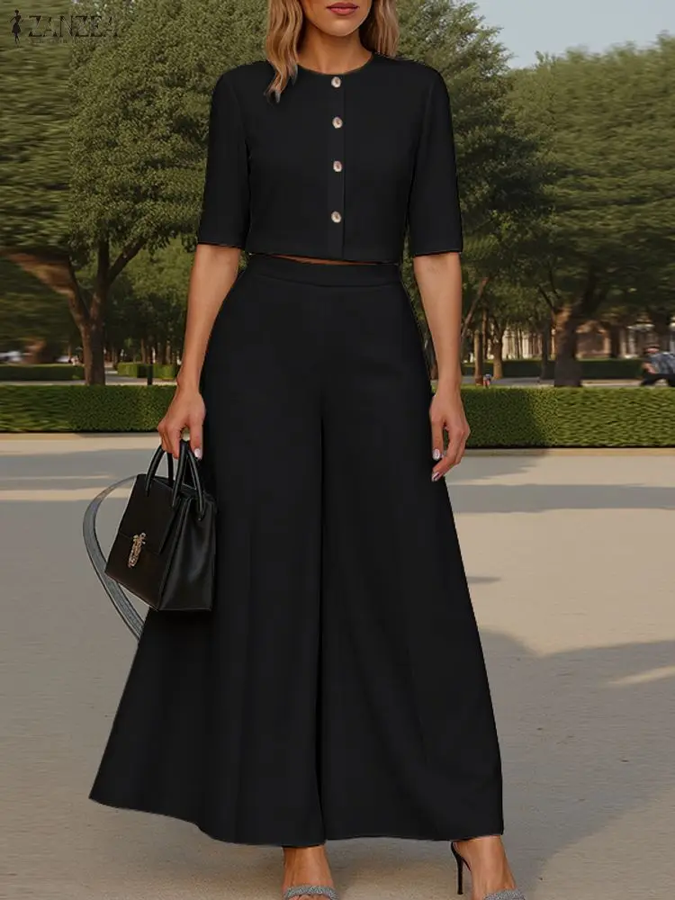 

Плюс размер 5XL ZANZEA Модные женские элегантные костюмы на пуговицах Топы и широкие брюки 2025 Комплекты брюк Повседневный однотонный комплект из 2 предметов