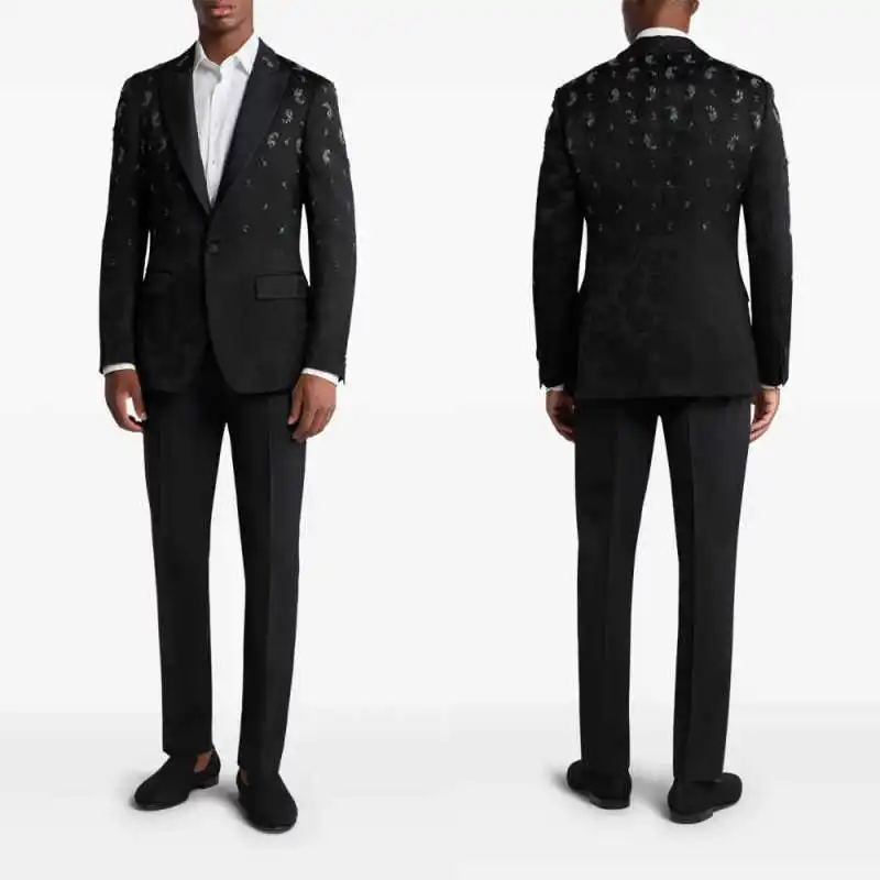 

Luxury Jacquard Wedding Groom Tuxedos 2 Pieces Blazer Pant Peaked Lapel Crystal Beaded Men Formal Party Suit Customized