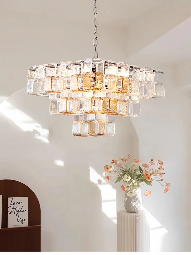 French Murano Handmade Glass Chandelier Sugar Cube Vintage Crystal Hanging Lamp For Living Room Dining Room Bedroom Indoor Decor