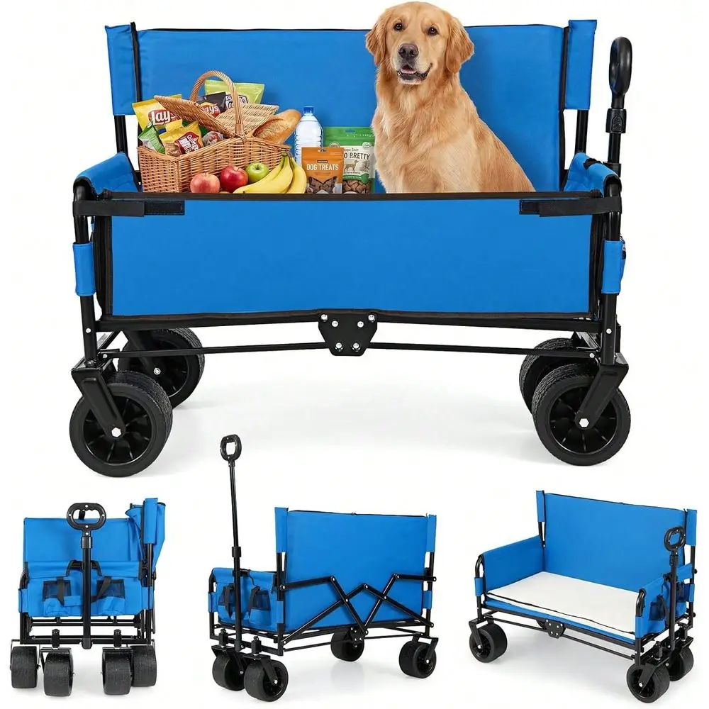 Wagon Bench Seat Combo, Collapsible Folding Beach Cart With Adjustable Push Pull Handle, Soft Cushions AllTerrain Wheels, Heavy
