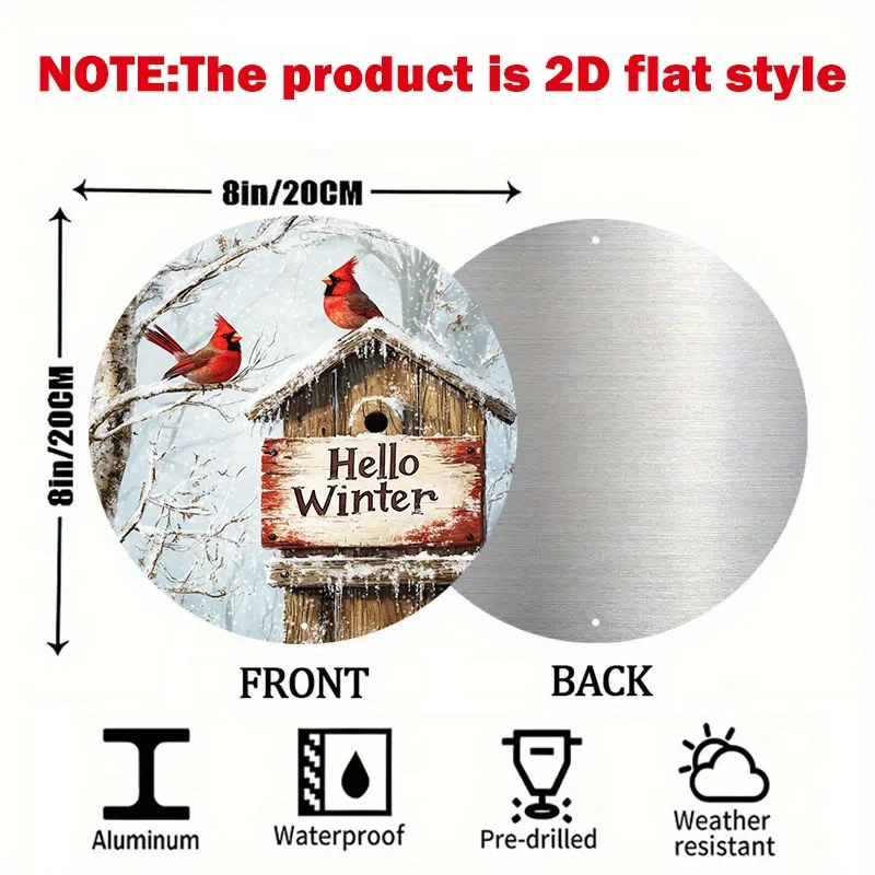 2D Flat, Hello Winter Red Cardinal Bird & Snowy Cabin Aluminum Wall Sign - Vintage Round 8-Inch (8.0inch) Winter-Themed Decorati