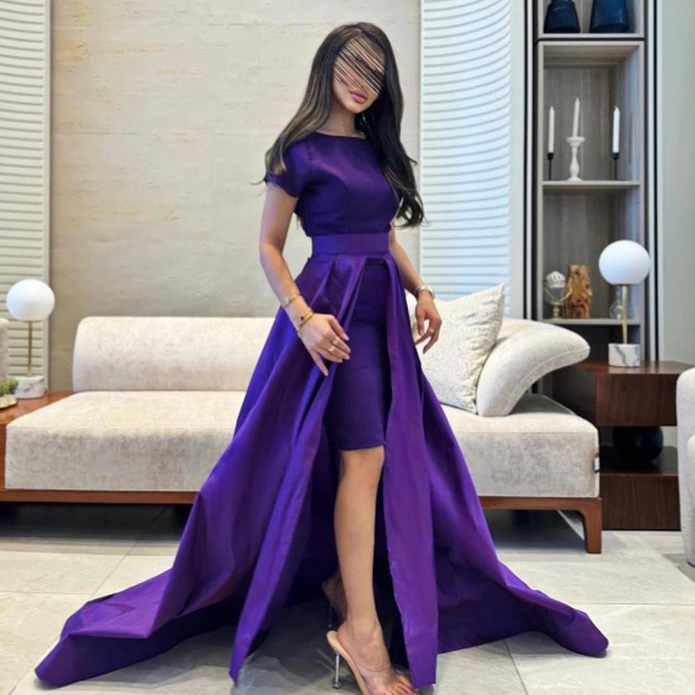 Short Sleeves Satin Straight Knee Length O-neck Solid Purple Saudi Evening Dresses Panel Train Pleats Quinceanera Gowns Formal